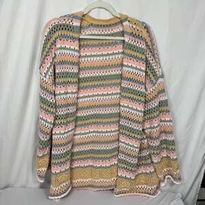 BloomChic Striped Contrast Pointelle Knit Open Front Cardigan, Size XL
